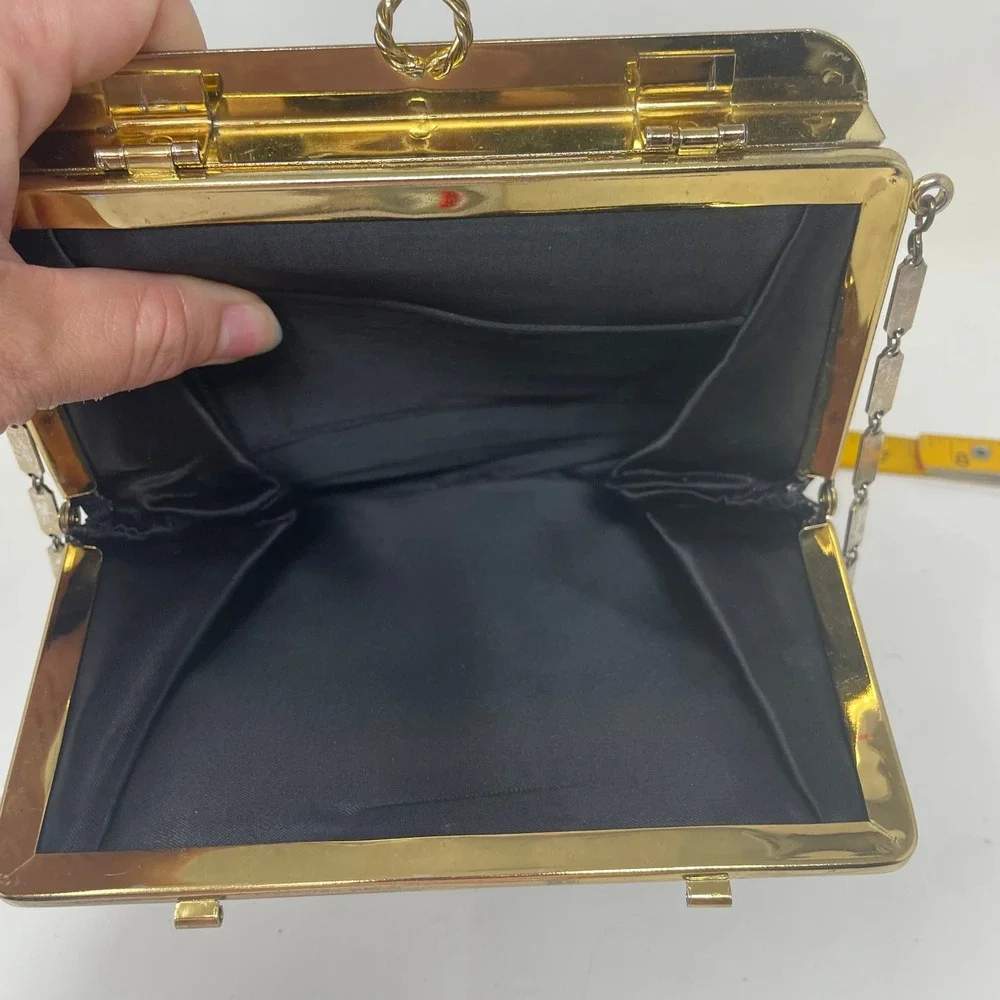 Vintage HL USA Black Satin Evening Bag Gold Frame Chain Shoulder Clutch Bag